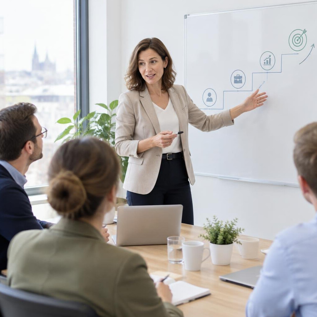 Presenter explaining a plan to colleagues at a whiteboard