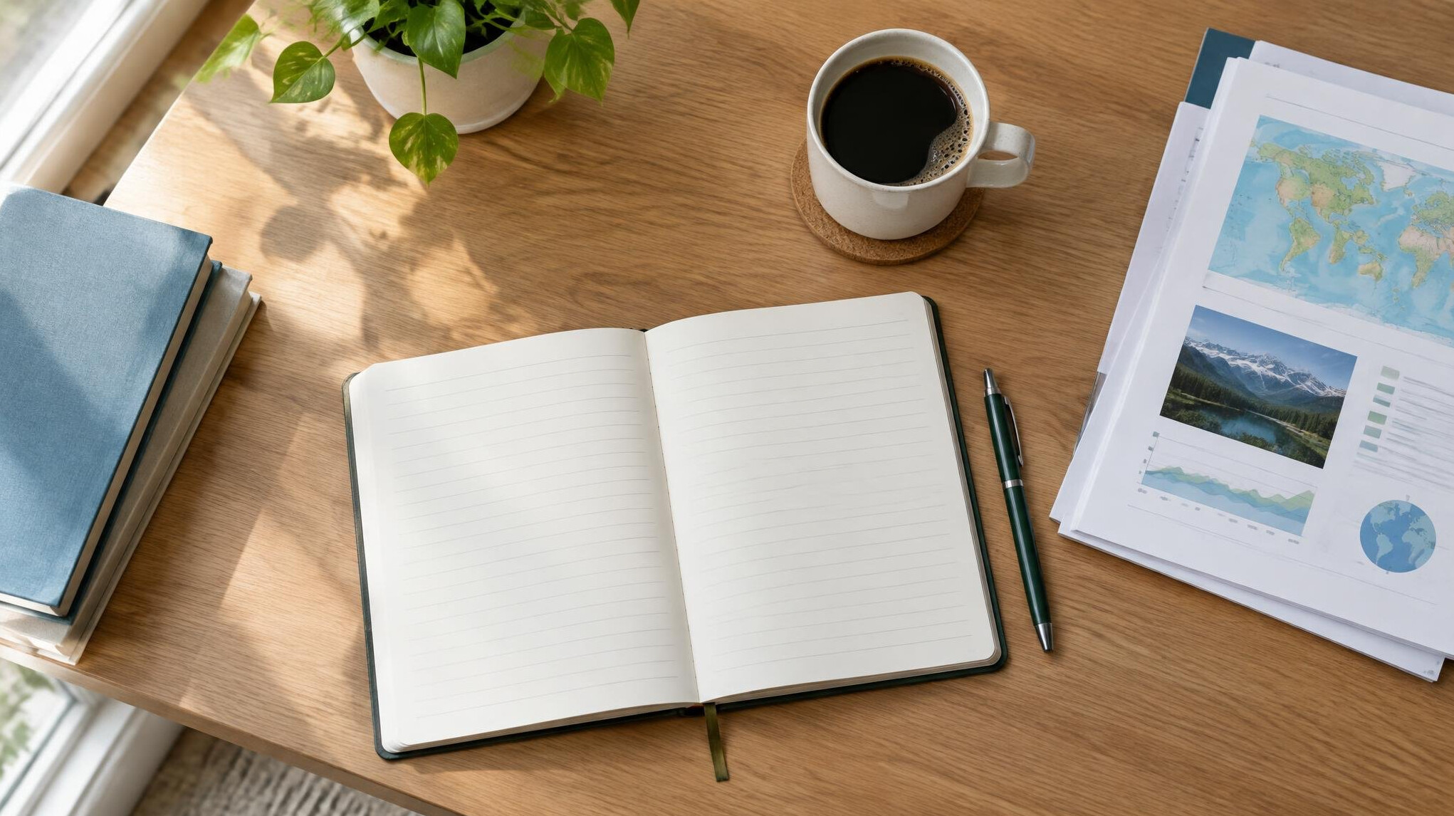 Notebook and pen on a desk with study materials