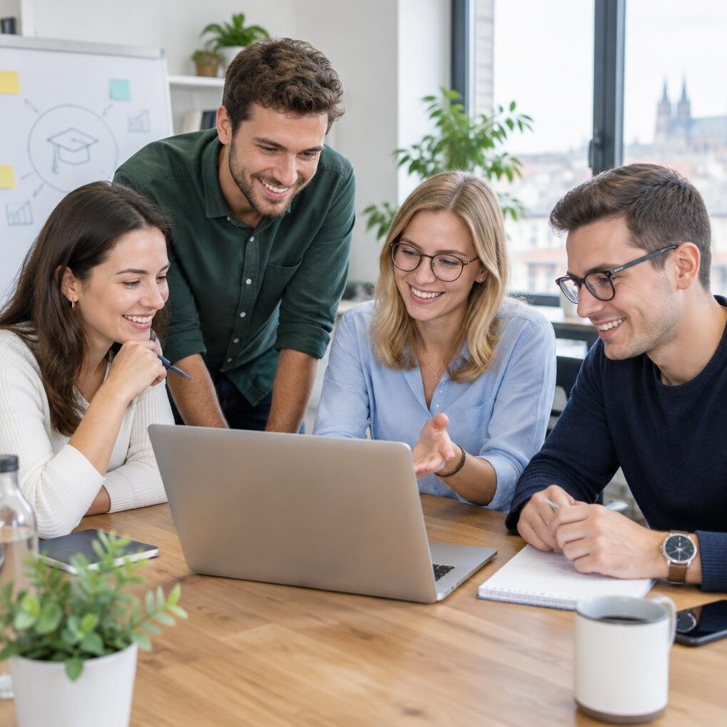 Team of colleagues smiling while working together at a laptop
