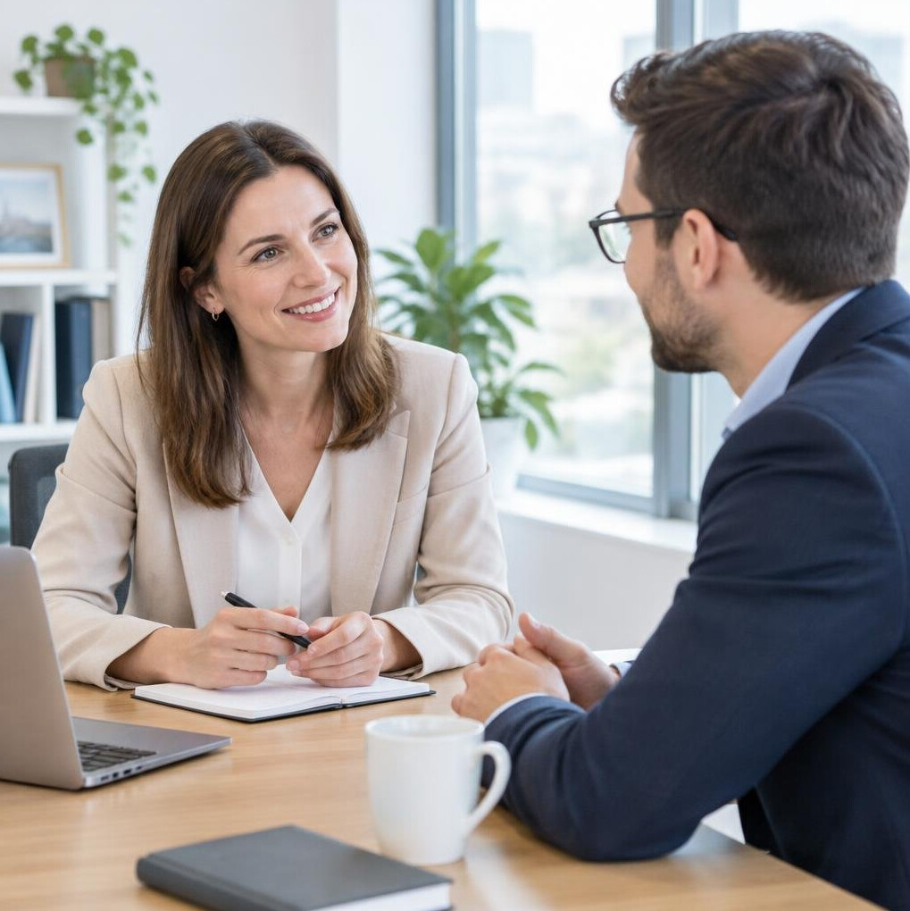 Two colleagues talking in a friendly business meeting